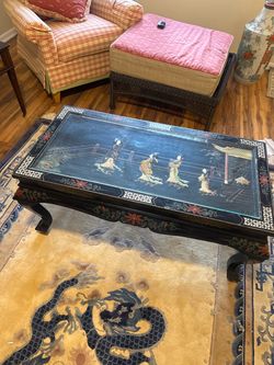Vintage Chinese Black Lacquer Coffee Table – Asian Chinoiserie Inlay & Glass Top