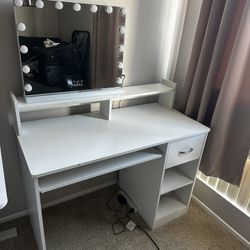White Vanity Desk with LED Light-Up Mirror 