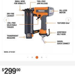 RIDGID Pneumatic 18-Gauge 2-1/8 in. Brad Nailer with CLEAN DRIVE Technology New Box $40
