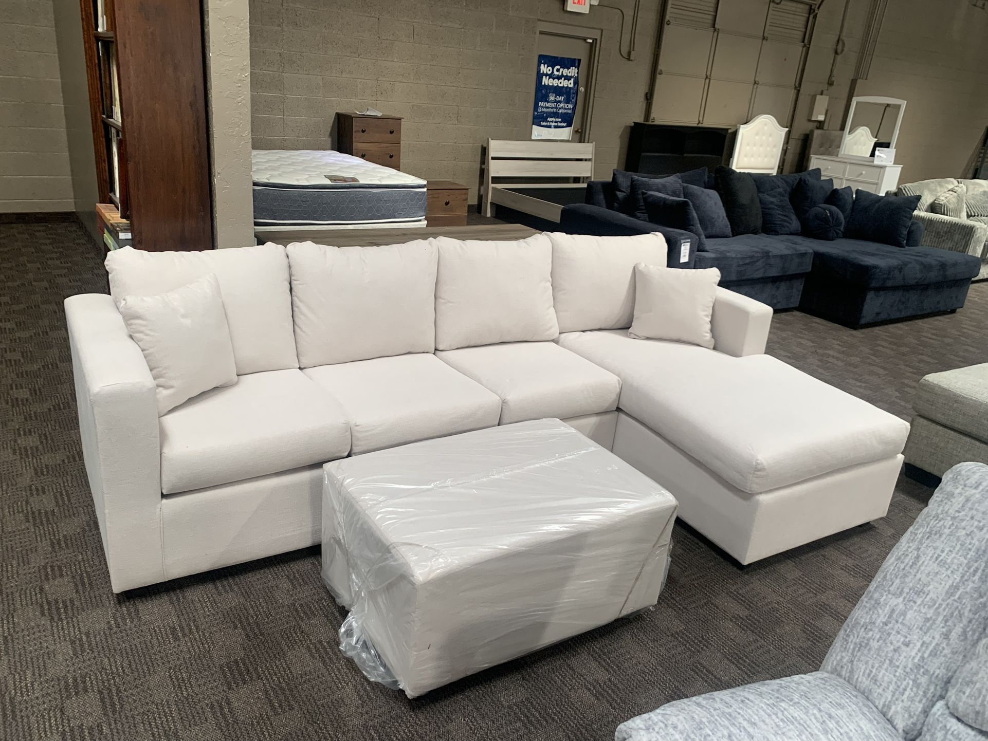 New White Cream Beige Sectional And Ottoman