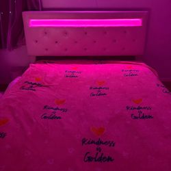 Full Bed Frame with LED Lights, Faux Leather Low Profile Platform Bed Frame, Adjustable Crystal Button Tufted Headboard, Strong Wood Slat Support