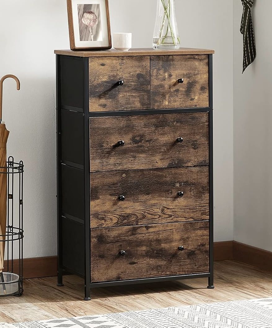 NEW Dresser, 5 Drawer Dresser, Storage Dresser Tower W/ 5 Fabric Drawers, Wooden Front & Top !