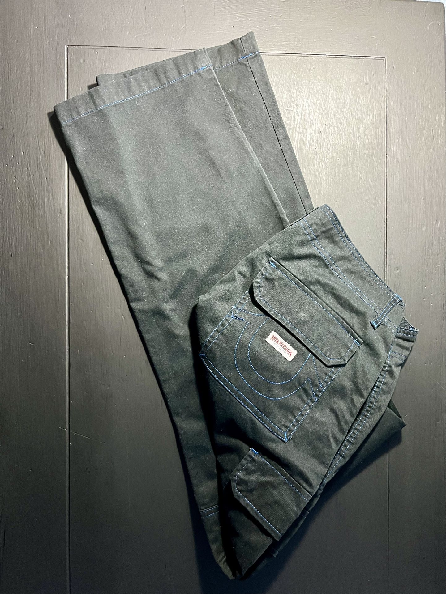 True Religion Black cargo, with blue stitching