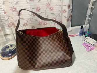 Custom Made Louis Vuitton Graceful MM in Damier Ebene canvas, featuring a vibrant red interior lining.