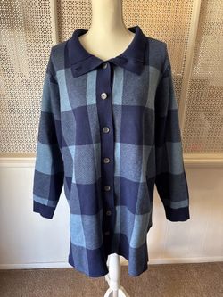 New Womens Joan Rivers Blue Plaid Soft Long Sleeve Front Button Knit Cardigan