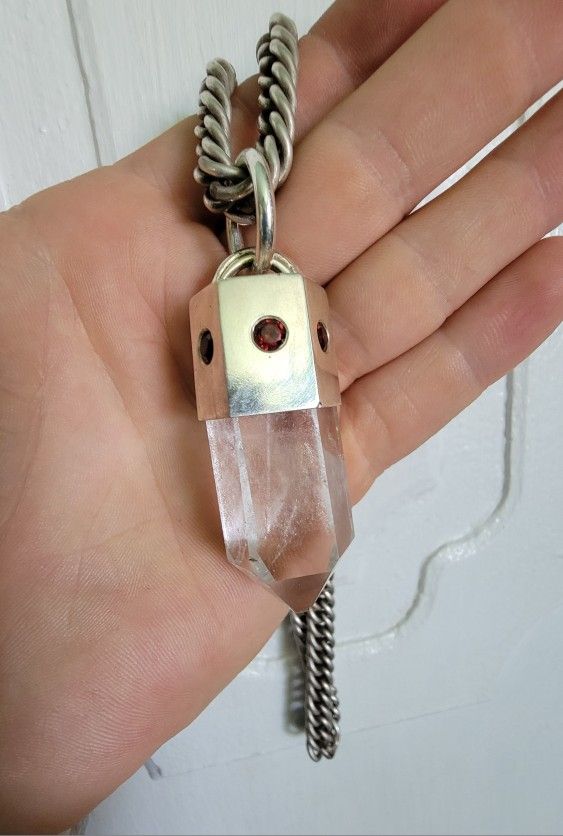 Quartz Crystal And Garnet Silver Pendant
