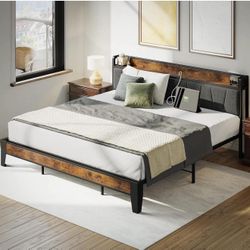 King Size Bed Frame, Storage Headboard with Charging Station, Y-15