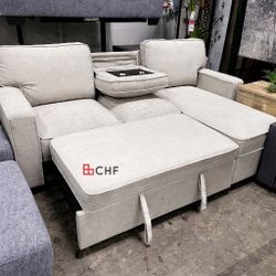 Fabric Reversible Sleeper Sectional with Storage Chaise Drop-Down Table 2 Cup Holders and 2USB Ports