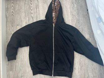 New Black Zip-Up Hoodie with Leopard Print Lining
