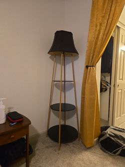 Floor Lamp with Shelves – Wood & Black