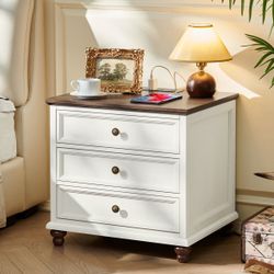 Farmhouse Nightstand With Charging Station, 24" Wide End Table With 3 Drawers,Wood Dresser Cabinet For Bedroom, Bed Side Table Chest Of Drawers,Night 