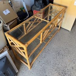 Vintage Mid Century Bamboo and Rattan Console Table Glass Top