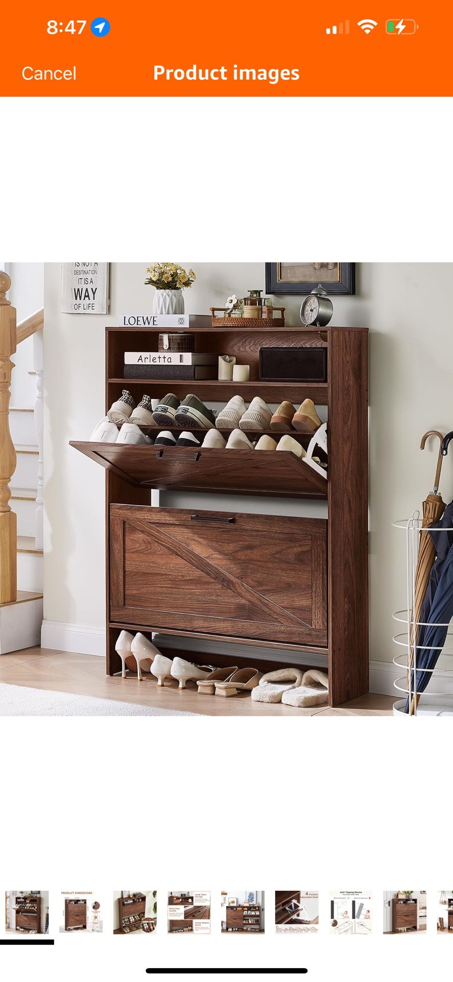 Brown Shoe Storage Cabinet with 2 Flip Drawers