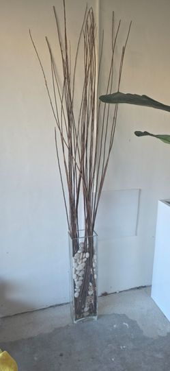 Tall Glass Vase with Dried Branches and Stones