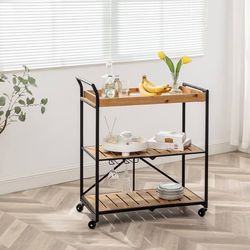 Foldable 3-Tier Wood Metal Utility Cart with Wheels