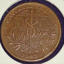 1942 Bolivia 50 Centavos Bronze Coin