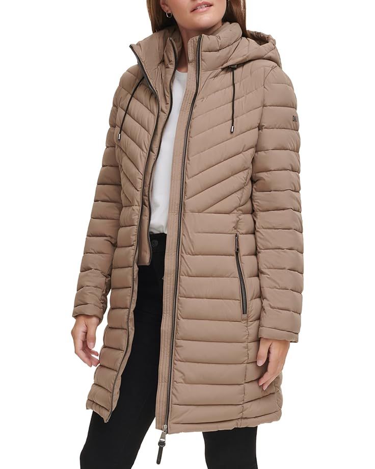 Women's DKNY Puffer Jacket Puffer Coat Long Puffer Jacket Tan