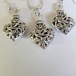Valentine's Day Silver Heart Necklace and Earrings Set 