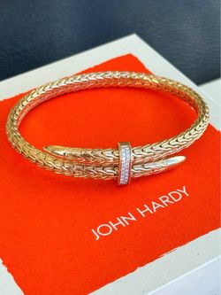 John Hardy Spear 14K Yellow Gold & 0.24CTW Diamond Pavé Flex Cuff Bracelet XL 5.5mm MSRP $8900