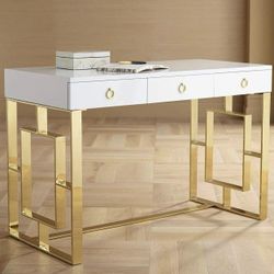 GLAM WHITE GOLD HOME OFFICE WRITING COMPUTER DESK CONSOLE TABLE VANITY - ESCRITORIO MESA