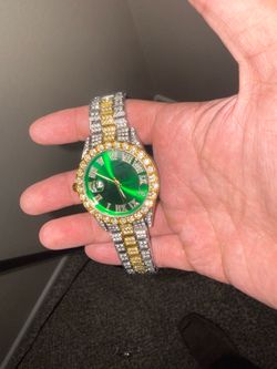 Iced Out Two-Tone Watch Green Dial