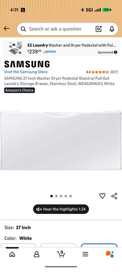 Samsung White Washer/Dryer Pedestal with Pull-Out Drawer