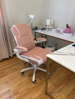 Chair & Desk- White Marble L-Shaped Desk With Gold Legs 