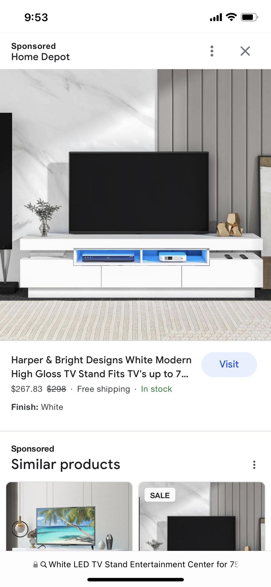 White LED TV Stand Entertainment Center 