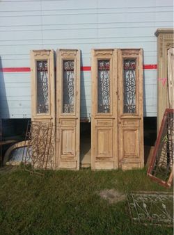Antique French Doors Wrought Iron Scrollwork — 19th Century