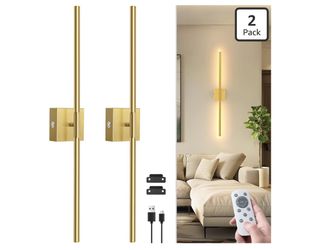 28 Inch Battery Operated Wall Sconce Set of 2, 360° Rotation Gold Rechargeable Wall Lights with Detachable Tube and Remote, 3CCT Dimmable Wireless Wal