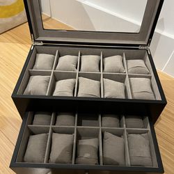 Watch Box For 20 - With Clear Lid Plus Drawer - Wood, Black Finish 
