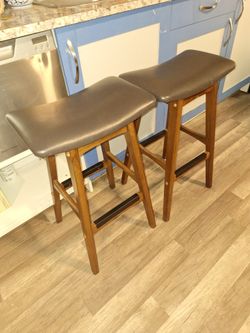 Pair of Wooden Bar Stools with Padded Seats