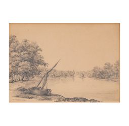 Antique English School Framed Drawing, View on the Thames from Petersham