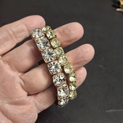 Vintage Set Of 2 Goldtone With Round Rhinestones In Goldtone Pronged Metal Cup Stretch Tennis Bracelets