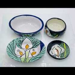 Set Of 2 Calla Lily Talavera Folk Art Pottery 2-Piece Soap & Trinket Box