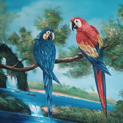 Vintage Macaw Parrots Painting