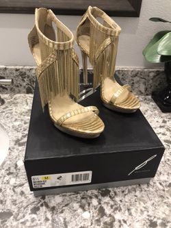 Brian Atwood gold fringe sandal heel size 6.5