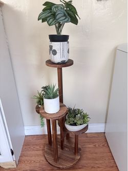 Solid Wood Multi-Tier Plant Stand with Succulents – 35” Tall
