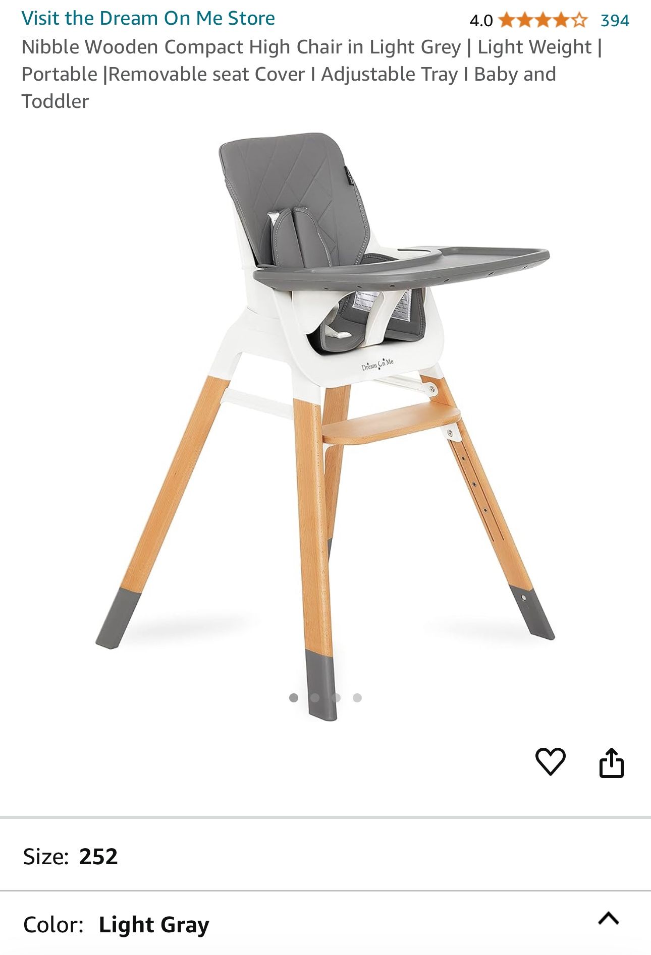 Brand New Dream On Me Nibble Wooden Compact High Chair in Light Grey
