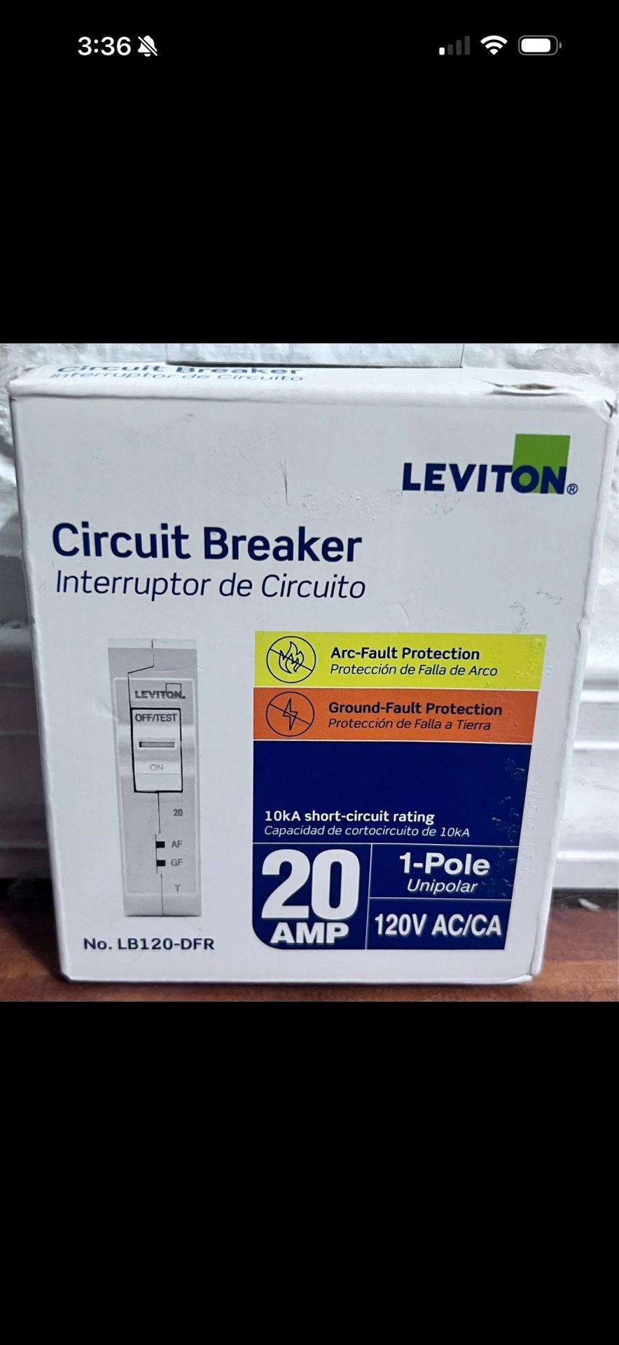 Leviton LB120-DFR 1-Pole 20 Amp Arc & Ground Fault Protection Circuit Breaker