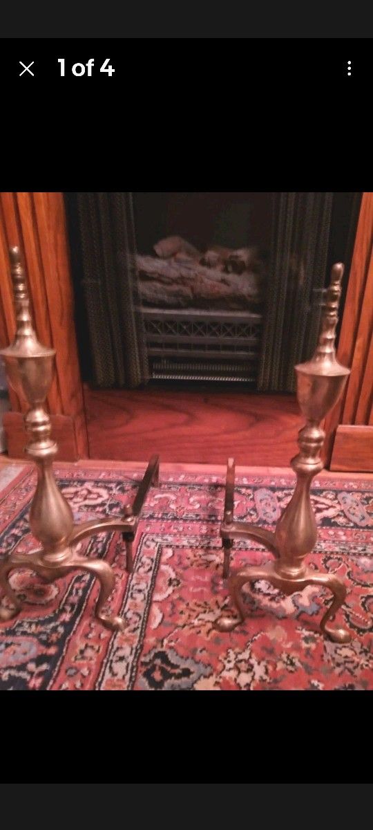 VINTAGE BRASS PAIR FIREPLACE ANDIRONS FIREDOG