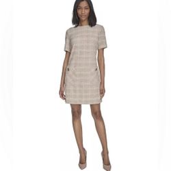 Halston Dress 10 Tweed Short Sleeve Pocket Gold Pink Beige Lined Midi 