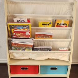 Kids Book Rack, 4 Sling Bookshelf, 2 Storage Boxes and Toys Organizer Shelves, Beige