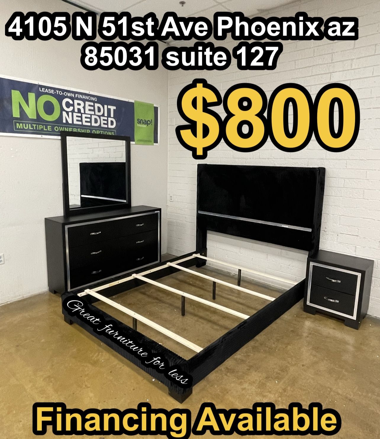 4 PCs Queen Size Bedroom Set Black Include Bed Frame Dresser Mirror And 1 Nightstand Brand New