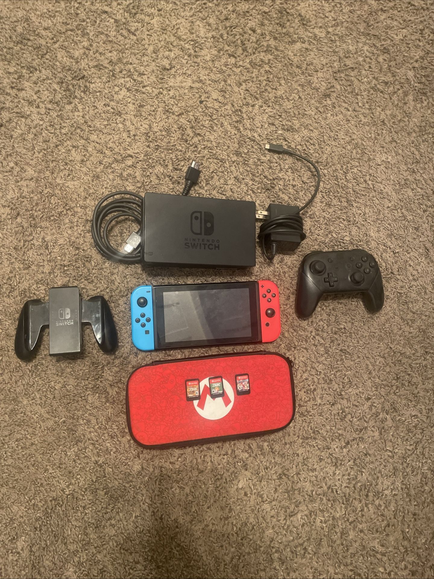 Nintendo Switch HAC-001(-01) Console 32GB Blue/Red w/ Pro Controller and 3 Games
