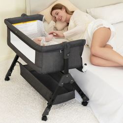 Baby Bassinet, Bedside Bassinet for Baby, 3 in 1 Bassinet Bedside Sleeper with Wheels, Mosquito Net, Adjustable Easy Folding Portable Bed for Infant N