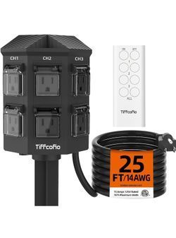 Outdoor Remote Control Power Strip, 25FT Extension Cord Waterproof, Independent Control Outlets, 6 Grounded Outlets for Outdoor Decorations, 14 AWG, 1