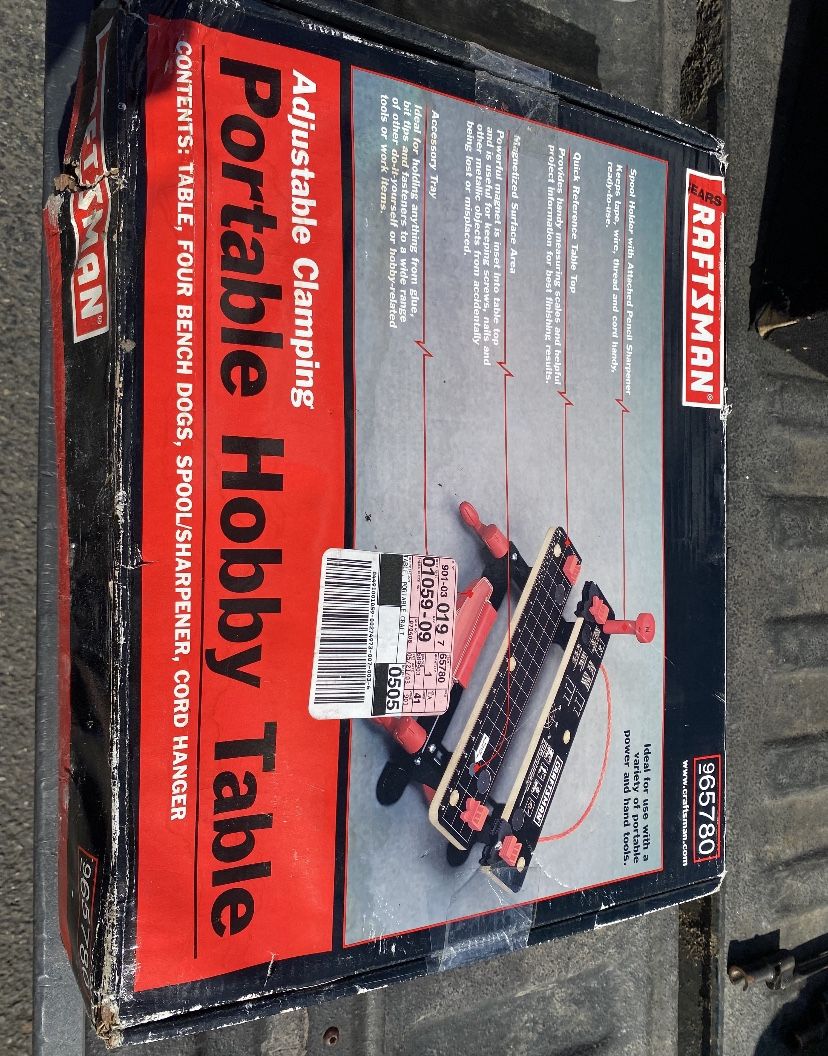 The product is a Craftsman Adjustable Clamping Portable Hobby Table. It's designed for use with portable power and hand tools, and includes several fe