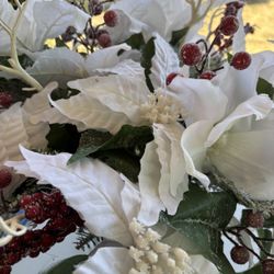 4 Bunches White Poinsettias With Red Holly 
