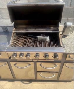 Dimensions 71” wide 26” deep 49” tall Good Stainless Steel Outdoor Kitchen Gas Grill Island with Rotisserie – Built-In Style BBQ Station Up for sale i
